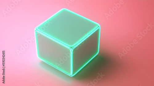 A light mint green cube with glowing neon outlines on a rose background
