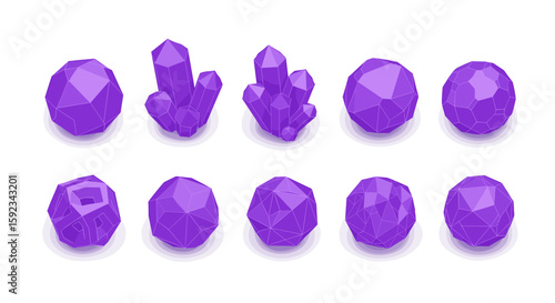 A collection of ten faceted purple crystals arranged in two rows on a white background surface view