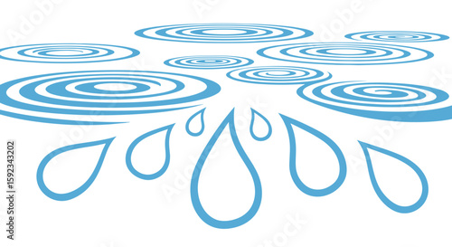 Illustration of blue water droplets falling and creating ripples on a white surface with perspective
