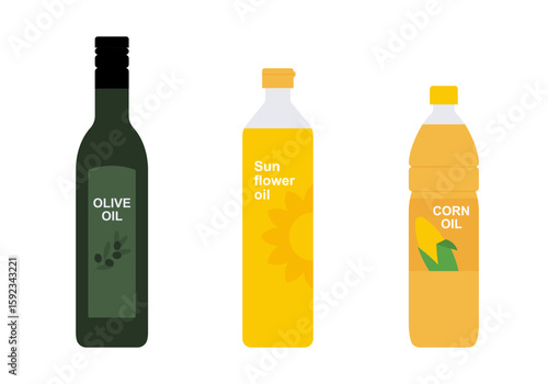 Cooking oils in bottles: olive oil, sunflower oil, and corn oil. Simple illustration, stock flat vector, isolated.