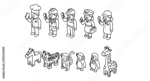 Isometric outline drawing of various professions and animals in a simple black and white vector style