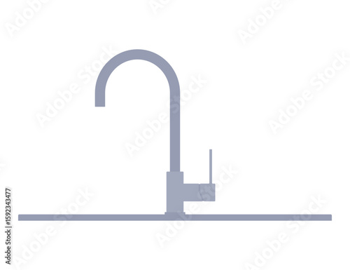 Kitchen faucet with minimalist handle and curved spout, side view. Modern tap fixture for water supply, isolated on white background. Simple illustration, stock flat vector, isolated.