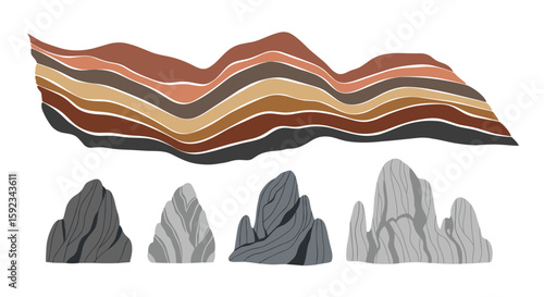 Illustration of layered earth formation above gray rock formations on a white background scene view