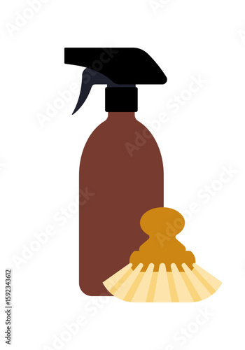 Cleaning spray bottle and scrubbing brush. Household cleaning tools in simple vector style. Simple illustration, stock flat vector, isolated.