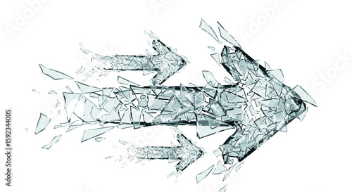 Three arrows pointing right made of shattered glass fragments on a white background design concept art