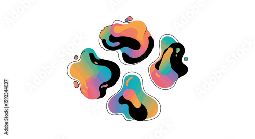 Four abstract shapes with gradient colors and black accents arranged in a diamond formation on white background