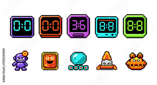 Pixelated digital displays showing times and various pixelated character designs in vibrant colors