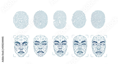 Illustrative biometric data set featuring fingerprint scans and polygonal face recognition scans for security