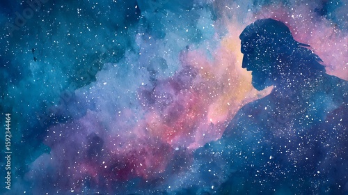 Abstract watercolor of Jesus silhouette filled with stars and cosmic sky textures 