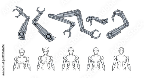 Illustration showing multiple robot arms with claw hands and robot bodies in various poses and designs