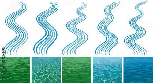 Illustration showing five stylized river streams above five water surface textures variations art