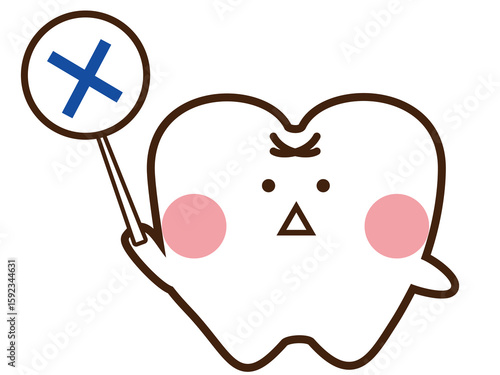 ばつを持っているかわいい歯のマスコットキャラクター