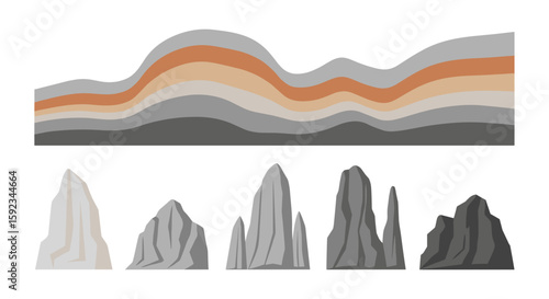 Illustration showing geological layers and rock formations with varying shades of gray and orange hues