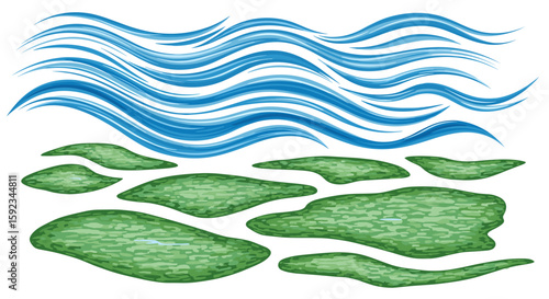 Illustration of blue wavy lines above green land masses scattered across a white background surface area