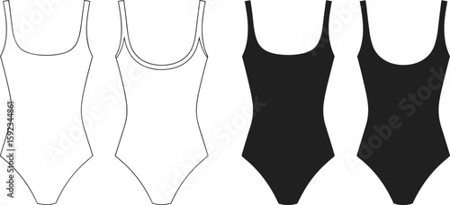 One-piece swimsuit bodysuit cad drawing flat vector illustration, scoop neck design, front and back views, minimalist swimwear fashion template
