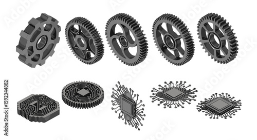 Isometric view of gears and microchips arranged in a pattern on a white background design style