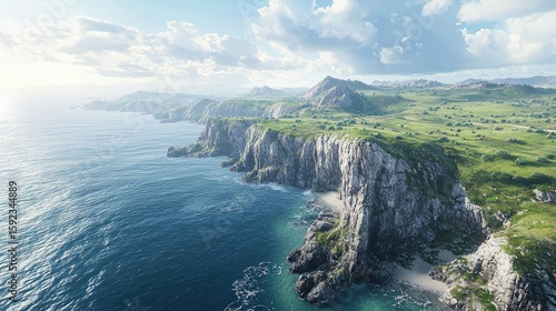 Coastal landscape with dramatic cliffs and verdant fields.