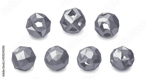 A collection of eight gray polygonal objects with varying internal structures on a white background