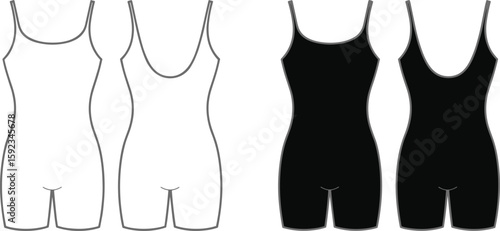 Spaghetti strap bodysuit cad drawing flat vector illustration, scoop neck fitted romper design, front and back silhouette fashion apparel template