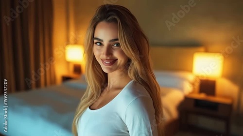 Young Caucasian woman with long blonde hair smiles in a cozy hotel room. Soft lighting creates a warm atmosphere with a bed in the background.