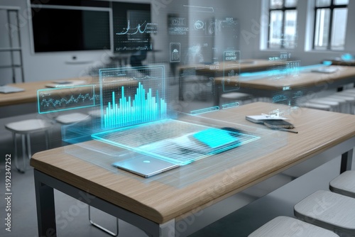 holographic attendance chart hovering above a desk in smart classroom, K-12 futuristic data visualization