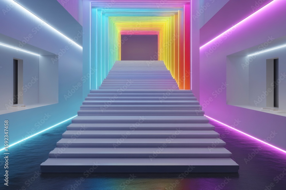 Fototapeta premium holographic success staircase inside virtual classroom, digital neon edges