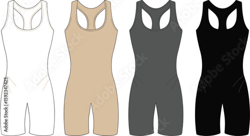 Racerback bodysuit cad drawing flat vector illustration, one-piece sleeveless fitness romper, athletic compression outfit, front view fashion template