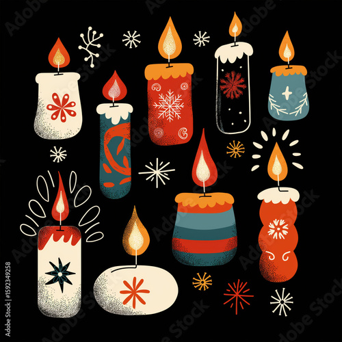 Set of colorful Christmas candles with winter ornaments. Xmas holiday celebration decoration and winter season symbol. Cozy flat vector art.