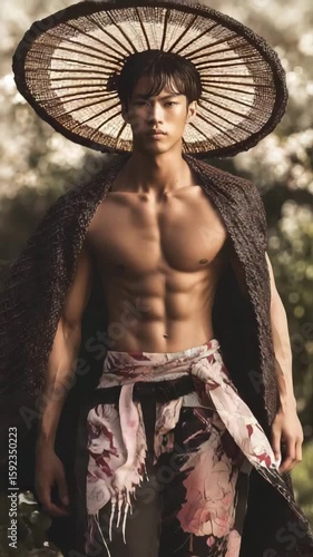 A young Asian man stands confidently in a garden. He has short black hair and a muscular build. He wears a traditional straw hat and patterned pants.