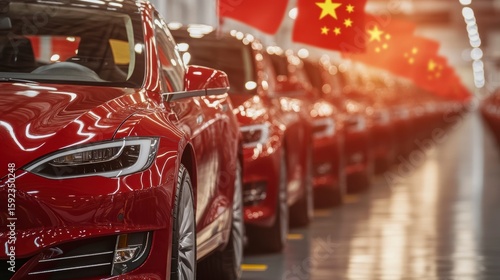 Red cars on assembly line in factory with Chinese flags.