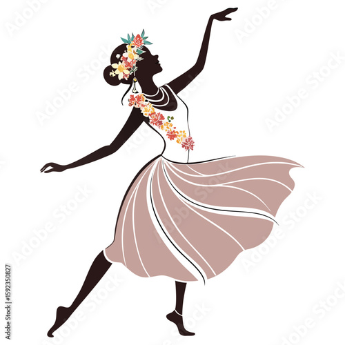 Dancer with flower garland and skirt on white background