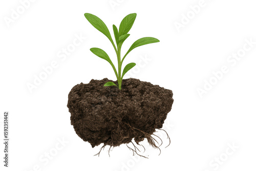 Young plant growing in a clod of earth with visible roots on transparent background