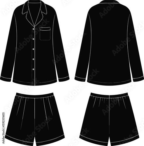 Black pajama set cad drawing flat vector illustration, button-up long sleeve shirt and shorts, front and back technical clothing design template