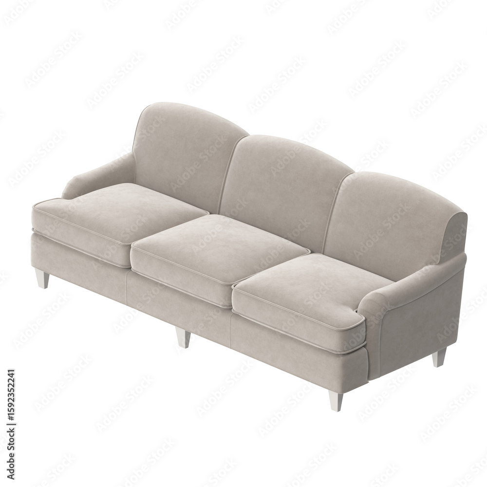 Fototapeta premium Classic beige sofa in isometric view, 3D render isolated on transparent background.