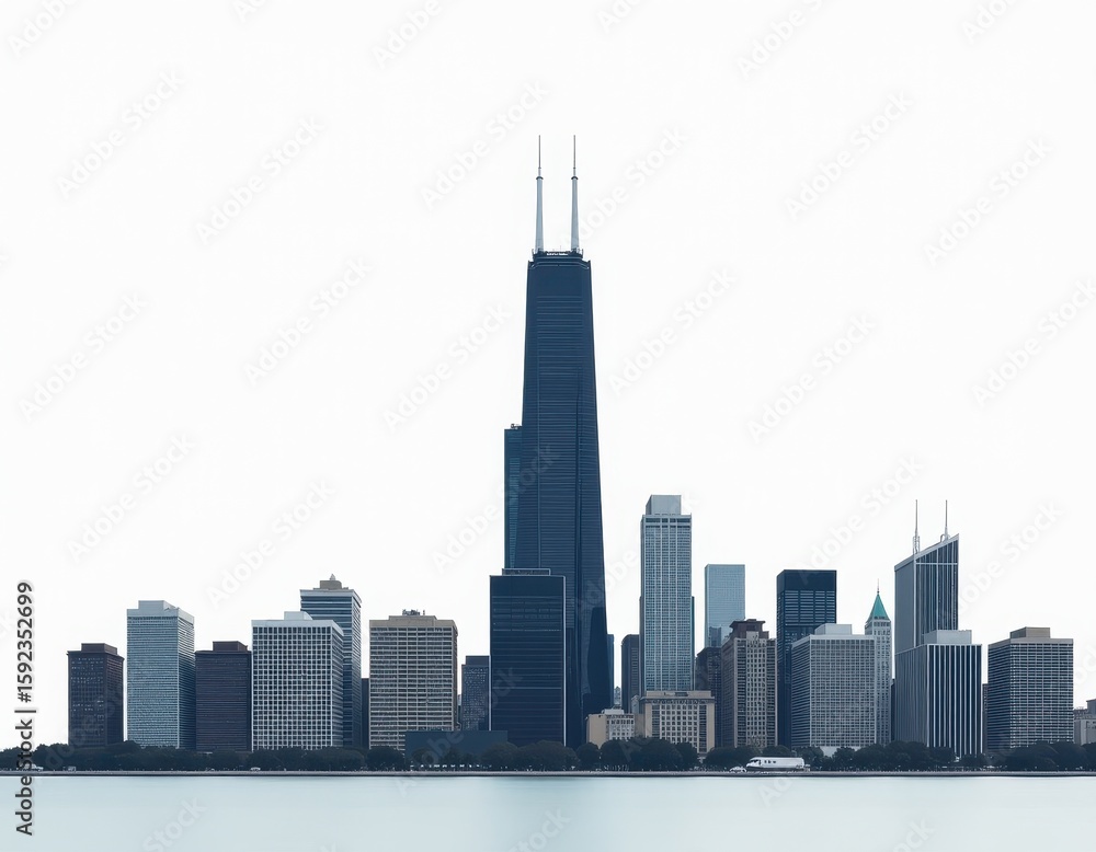Fototapeta premium Iconic Chicago Skyline and Lake Michigan on White Background