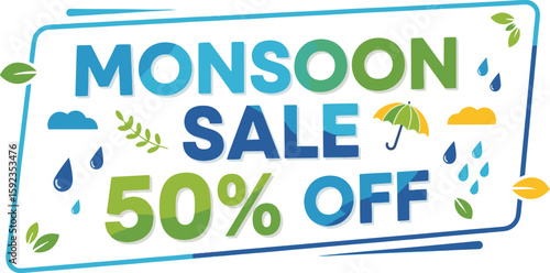 Colorful monsoon sale banner with 50% off text, decorated with clouds, raindrops, leaves, and an umbrella, perfect for seasonal promotions.