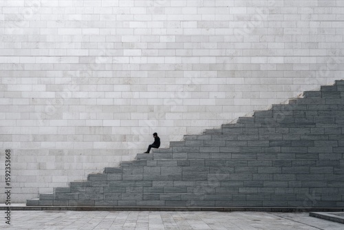 student alone on wide stone staircase in empty school, symbolizing challenge and perseverance