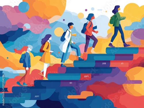students climbing a staircase labeled with academic milestones, flat vector style, bright color blocks