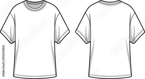 Basic t-shirt cad drawing flat vector illustration, crew neck short sleeve shirt front and back view, fashion template graphic garment sketch