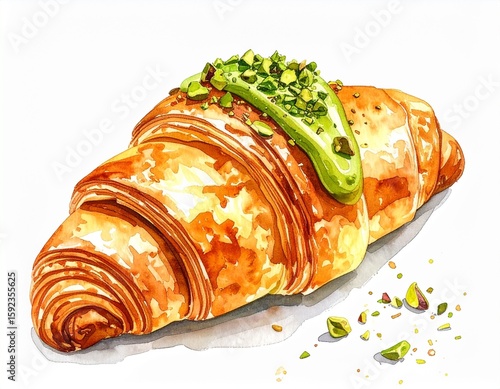 Watercolor croissant with pistachio cream and crushed nuts on white background