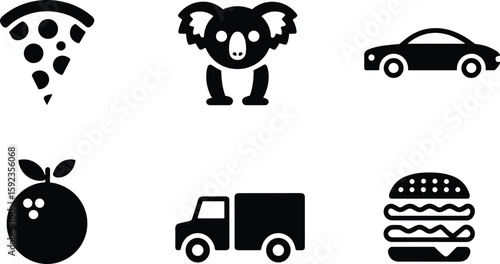 Slice of pizza koala bear car orange truck and hamburger icons pizza slice