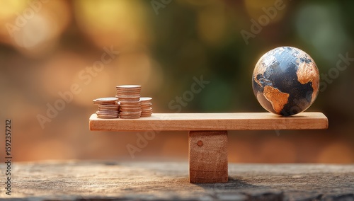 A wooden seesaw with a stack of coins on one side and a globe on the other, symbolizing a balance between money and the world