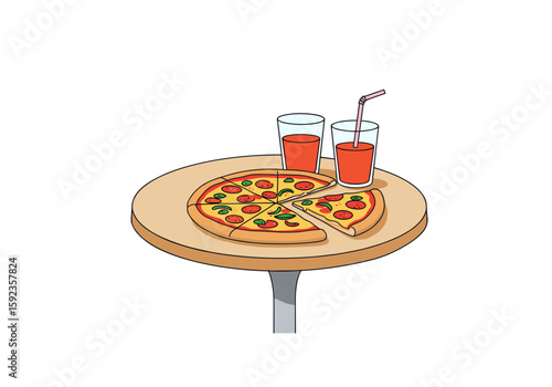 Table with a pizza and drinks on white background