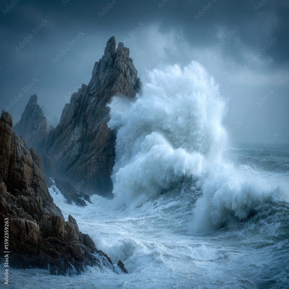Obraz premium Powerful Waves Crash Against Rugged Rocks in Moody Sea Landscape