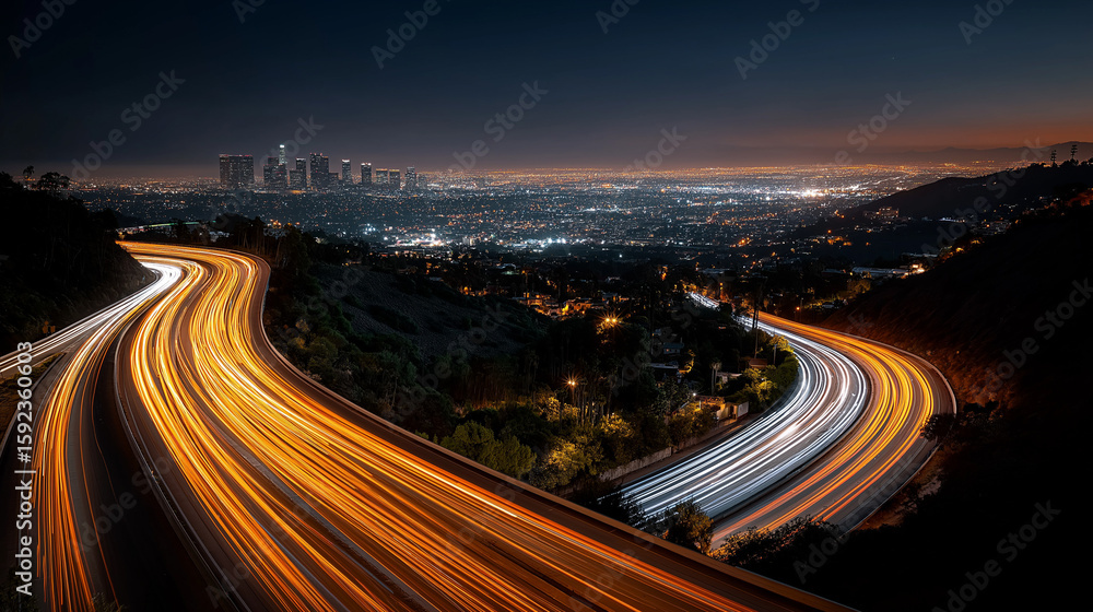 Fototapeta premium Night City Trails: The photo beautifully captures the intricate dance of light trails, revealing the city's hidden dynamism. Witness the breathtaking cityscape below as the highways intertwine.