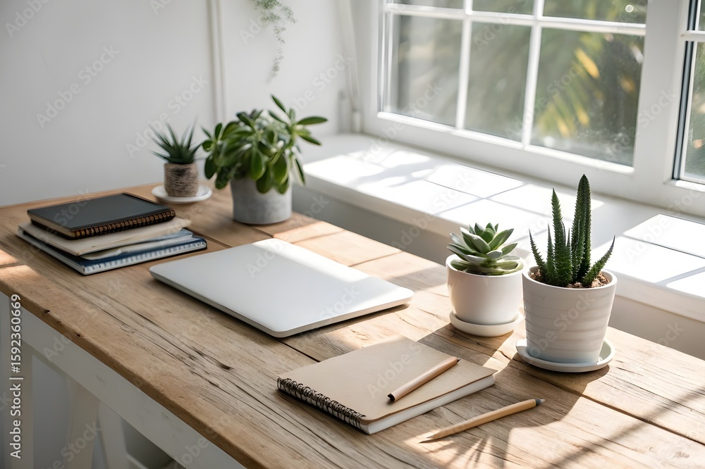 Fototapeta premium Workplace with laptop, lamp, books, copybooks, wooden shelves and green domestic plants in flowerpots and map picture on wall