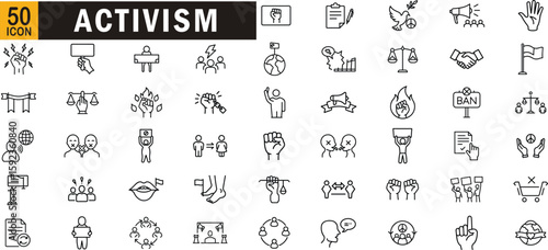 Activism editable outline icon set. Protest, equality, awareness, justice, boycott, demonstration and more.