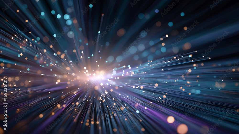 Obraz premium Abstract data stream: Dynamic, luminous streaks of light explode outward, conveying the rapid flow of digital information with a captivating visual effect.
