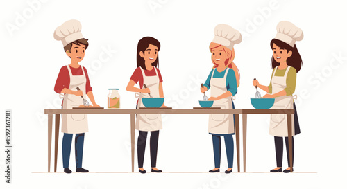 Four individuals wearing chef hats and aprons are cooking together at a table, mixing ingredients in bowls.