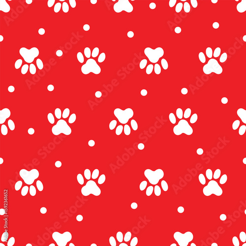 Vector red seamless pattern paw pet , dog or cat footprint texture, animal background.Can be used in textile industry, paper, background, scrapbooking.Vector.